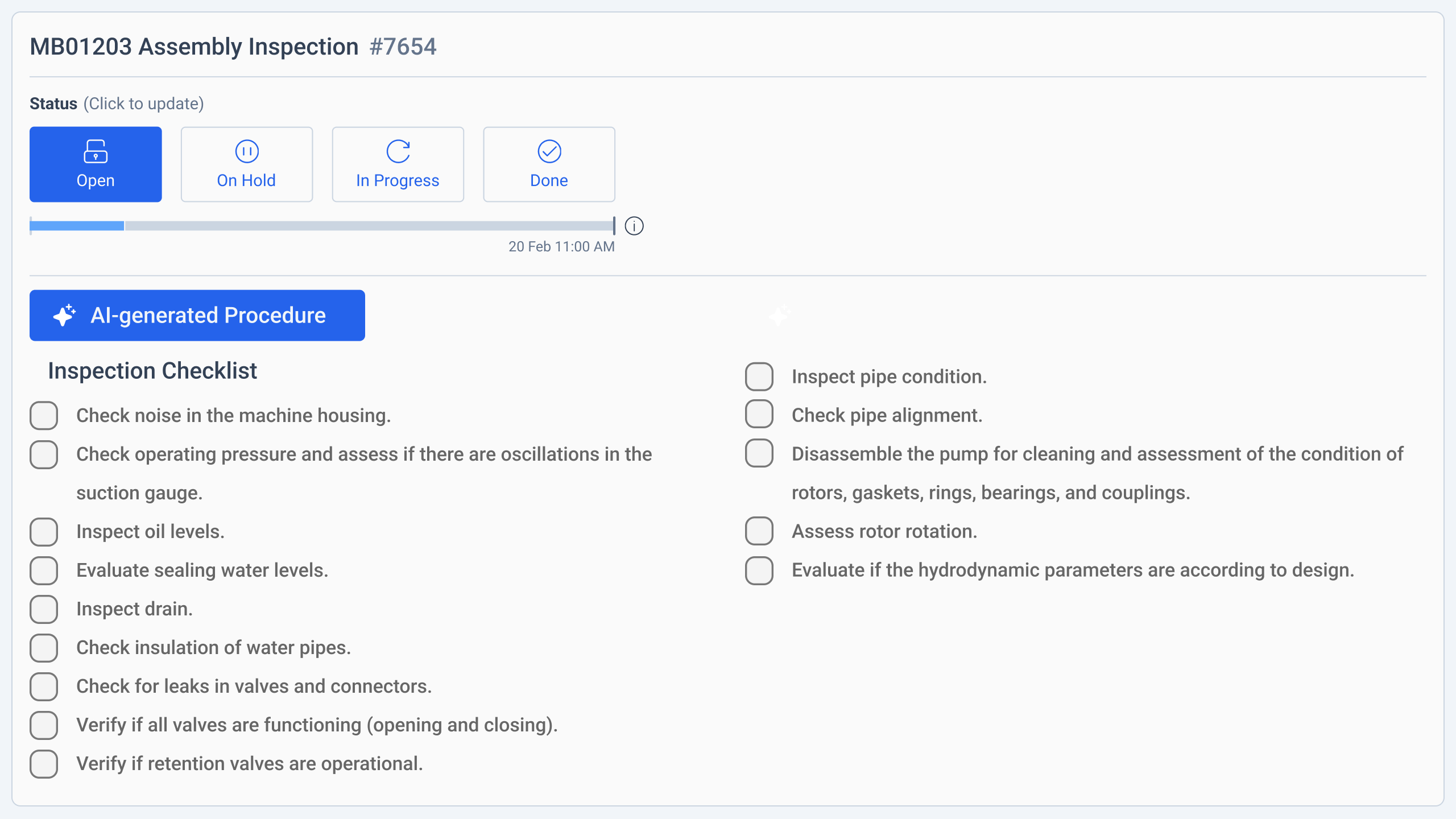 a sample work order depicting an AI generated procedure